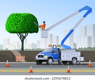 Tree pruning with hedge trimmer from aerial lift platform. Bucket truck tree surgeon city service vehicle. Aerial work basket vehicle. Vector clip art of cherry picker on urban cityscape background