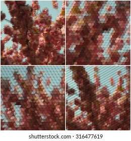 The tree with purple flowers. Collection of abstract multicolored backgrounds. Natural geometrical patterns. Triangular and hexagonal style vector illustration.
