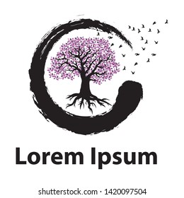 tree with purple leaves , birds and zen symbol, vector logo template 