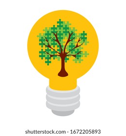 tree of puzzle pieces in light bulb vector illustration design