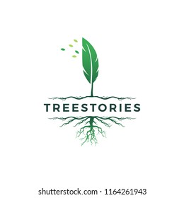 tree quill feather ink root logo vector icon illustration