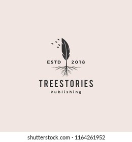 tree quill feather ink root logo vintage retro hipster vector icon illustration