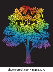 Tree rainbow colored on black background. Hand drawn sketch.
