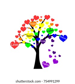 Tree with Rainbow Hearts and Words of Acceptance, Inclusion and Diversity Vector Illustration