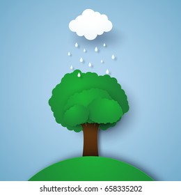 Tree with raindrops , paper art style