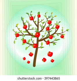 Tree with red apple, summer theme on abstract green background, symbol of  crop