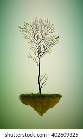 tree with red berries and bird on the flying rock, piece of nature, fairytale tree, vector