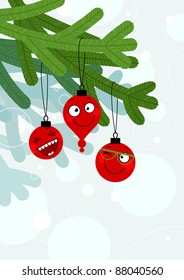 Tree red Christmas-tree decorations with smiling faces. Vector illustration.