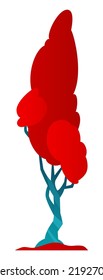 Árbol con follaje rojo - moderno diseño plano estilo simple imagen aislada. Ilustración detallada de hojas rojas planta y tronco ramificado. El paisaje forestal, la naturaleza, el otoño, la flora y el medio ambiente