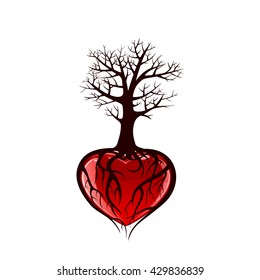 Árbol con corazón rojo y raíces en forma de corazón, ilustración