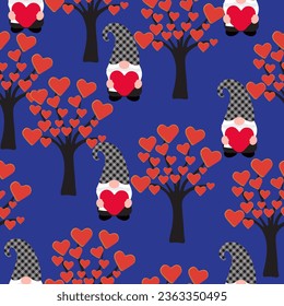 Tree with red hearts, gnomes. Vector seamless pattern