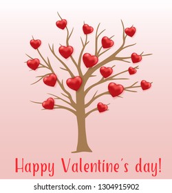 Tree and red hearts on a pink background. Greeting card for Saint Valentine's day. Vector illustration.