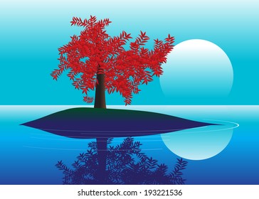 Tree with red leaves about water against the moon.