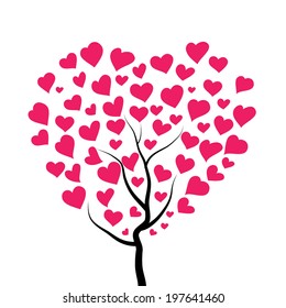Tree with red leaves in the shape of heart hand drawn