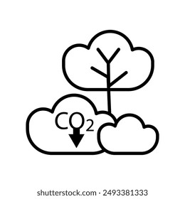Tree reducing CO2. Carbon capture symbol. Environmental vector icon. Simple black outline.