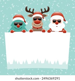 Tree Reindeer And Santa Sunglasses Holding Sign Snow Turquoise Dark Red