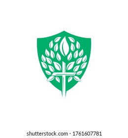 Tree religious cross and shield symbol icon vector design. Prayer tree shield vector logo design template.