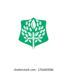 Tree religious cross and shield symbol icon vector design. Prayer tree shield vector logo design template.