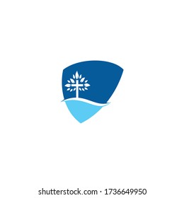 Tree religious cross symbol icon vector design. Cross tree shield shape concept logo design.