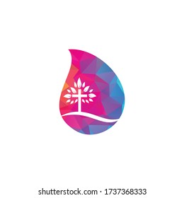 Tree religious cross symbol icon vector design. Cross tree drop shape concept logo design.