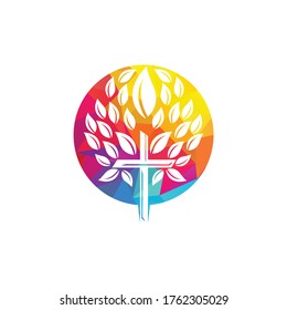 Tree religious cross symbol icon vector design. Prayer tree vector logo design template.