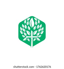 Tree religious cross symbol icon vector design. Prayer tree vector logo design template.