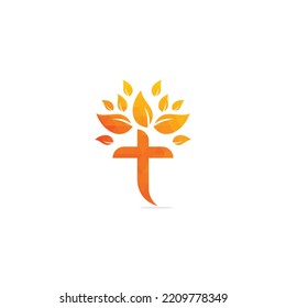 Tree religious cross symbol icon vector design. Cross tree logo design. Tree church logo.	