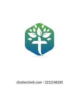 Tree religious cross symbol icon vector design. Cross tree logo design. Tree church logo.	