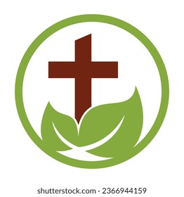 Diseño vectorial de símbolo de cruz religiosa de árbol. Diseño del logotipo de árbol cruzado. Logo de la iglesia del árbol.