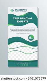 tree removal experts banner design template with natural shape and gradient green on the element and grey color on the background. vertical roll up layout sign. space of photo collage and text.