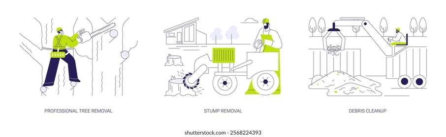 Tree removal service abstract concept vector illustration set. Professional tree removal, stump grinder and chainsaw, wood cutting machine, debris cleanup, garbage collection abstract metaphor.