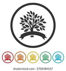 Tree with ribbon logo. Set icons in color circle buttons