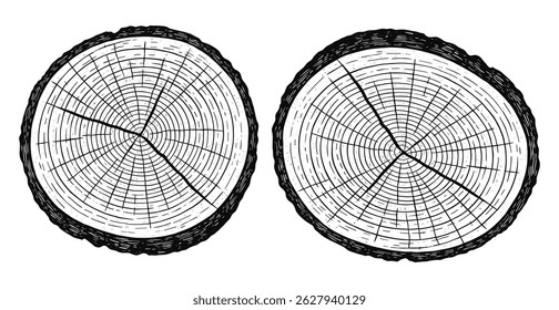 Tree ring cross section illustration – vintage wood slice engraving for logo, print or nature design