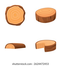 Tree ring icons set cartoon vector. Natural lumber, carpentry material. Forestry industry