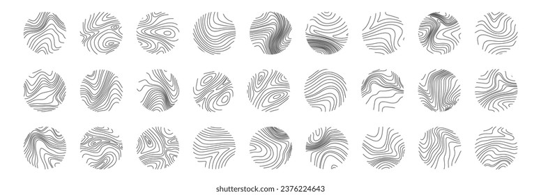 Tree ring texture. Wooden rings. Circle topographic map. Black line print in circle on white background.