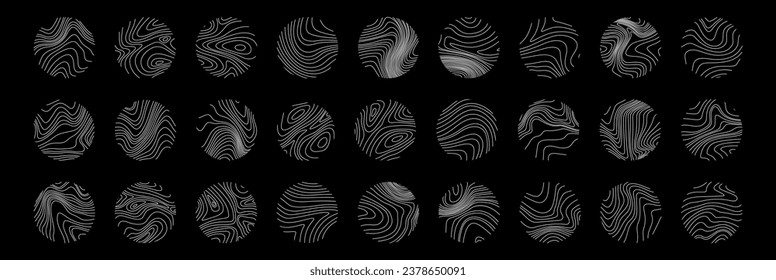 Tree ring texture. Wooden rings. Circle topographic map. White line print in circle on black background.