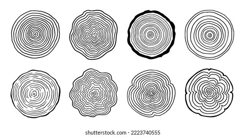 Conjunto de círculo de madera de anillo de árbol. Patrón de anillo de árbol dibujado a mano, textura de madera de círculo rizado de línea. Diseño de la línea de corte orgánica de madera. Ilustración vectorial.