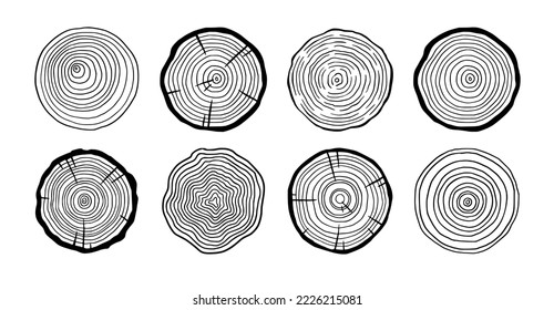 Tree ring wood circle set. Hand drawn tree ring pattern, line ripple circle wood texture. Wood organic slice line design. Vector illustration.