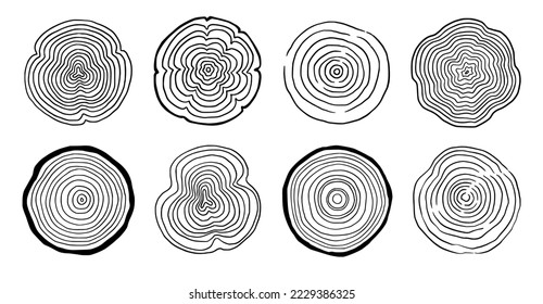 Tree ring wood circle set. Hand drawn tree ring pattern, line ripple circle wood texture. Wood organic slice line design. Vector illustration.