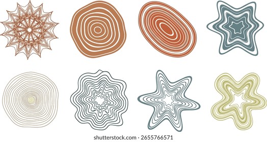 Conjunto de círculo de madera de anillo de árbol. Dibujado a mano patrón de anillo de árbol, línea ondulación círculo textura de madera. Diseño de línea de rebanada orgánica de madera