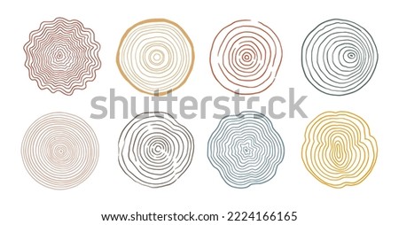 Tree ring wood circle set. Hand drawn tree ring pattern, line ripple circle wood texture. Wood organic slice line design. Vector illustration.