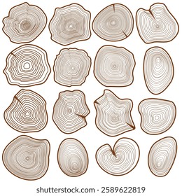 Tree rings. Abstract tree age year circle. Wooden round wavy line, natural wood, fractal stump. Handmade texture of a piece of wood. Organic wood material. Vector set. Isolated barrel elements