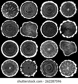 Tree rings abstract background set of 16. Doodle style. Variety of shapes.