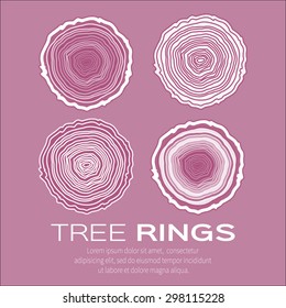 Tree rings background and 4 saw cut tree trunk vectors, forestry and sawmill. Wood texture. Pink background.