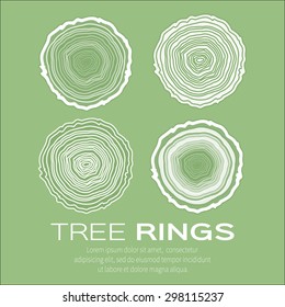 Tree rings background and 4 saw cut tree trunk vectors, forestry and sawmill. Wood texture. Light green background.