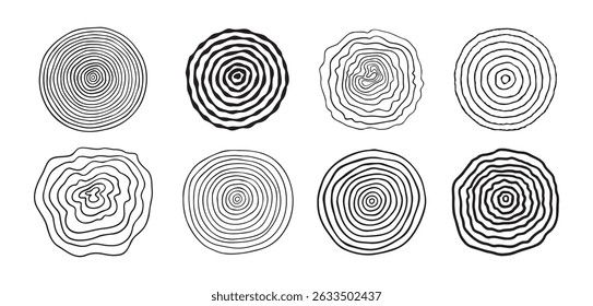 arvore anéis fundo e serra corte árvore tronco ícone doodle mão desenhada. Contorno de madeira círculo linha desenho clipart símbolo. Ilustração vetorial