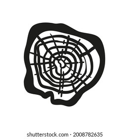 Tree rings. Cracked tree stump. Cross section of the trunk. Hand drawn element. Freehand art. Black and white illustration