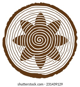 Tree rings in the form of a flower. Saw cut tree trunk. Vector background 