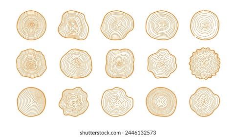 Tree rings. Hand drawn wood slice texture. Abstract tree age year circle. Line wooden circular ripple, nature timber, fractal stump. Organic trees material. Vector set. Isolated trunk elements