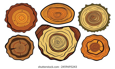 Tree rings. Hand drawn wood slice texture. Abstract tree age year circle. Line wooden circular ripple, nature timber, fractal stump. Organic trees material. flat Vector set